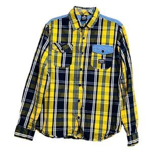 Born Fly Shirt M Yellow Blue Plaid Button Flap Pockets Long Sleeve Button Up